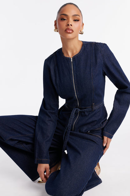 So Chic Denim Wide Leg Pant Set - Dark Wash