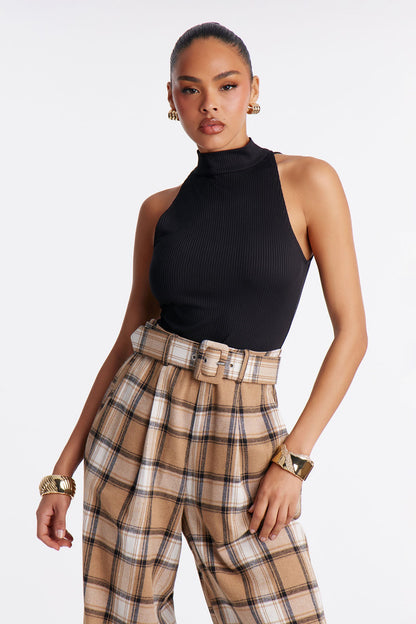 Allison Belted Plaid Jumpsuit - Black/combo