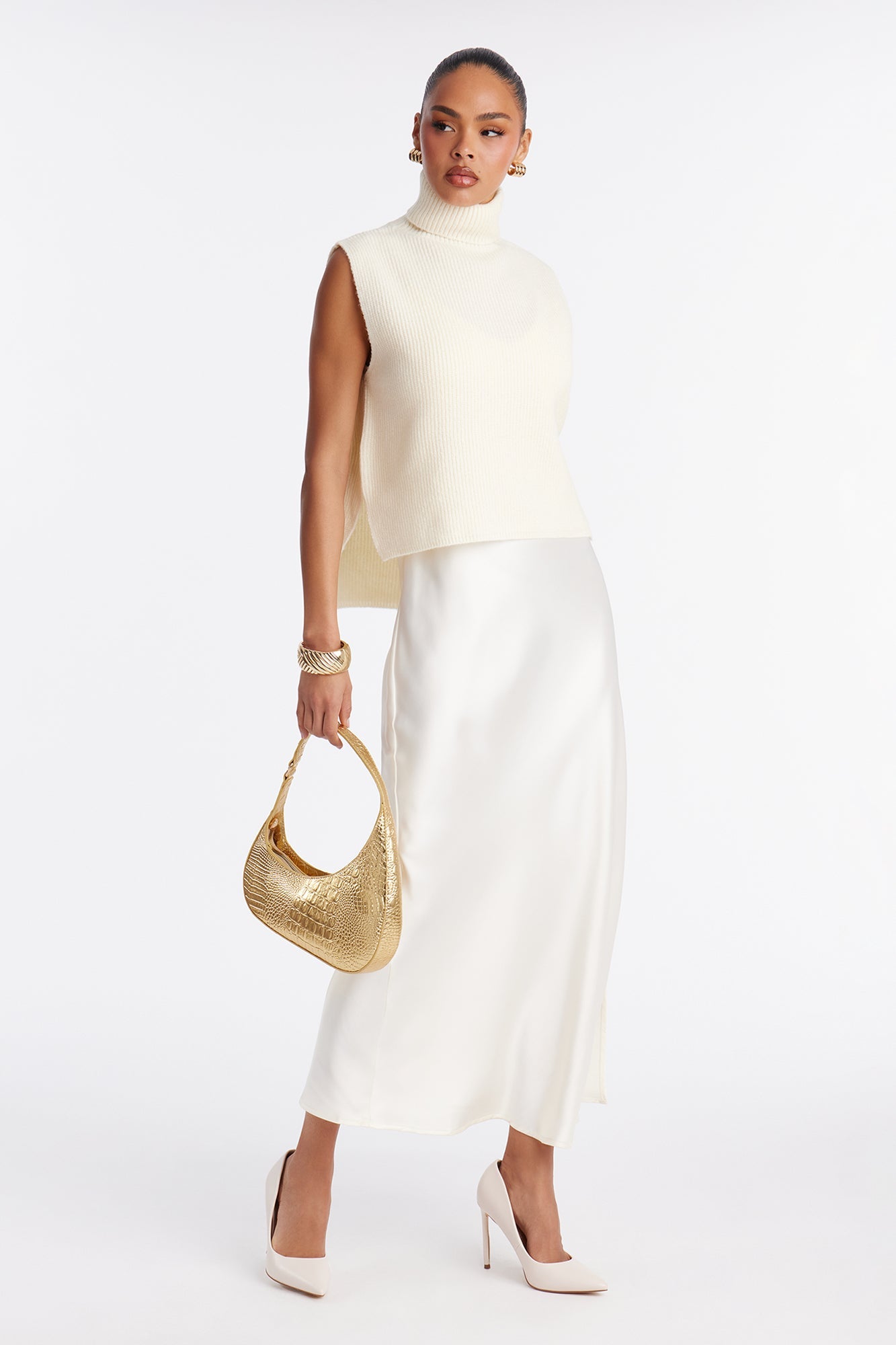 Always Sweet Satin Sweater Maxi Dress Set - Cream