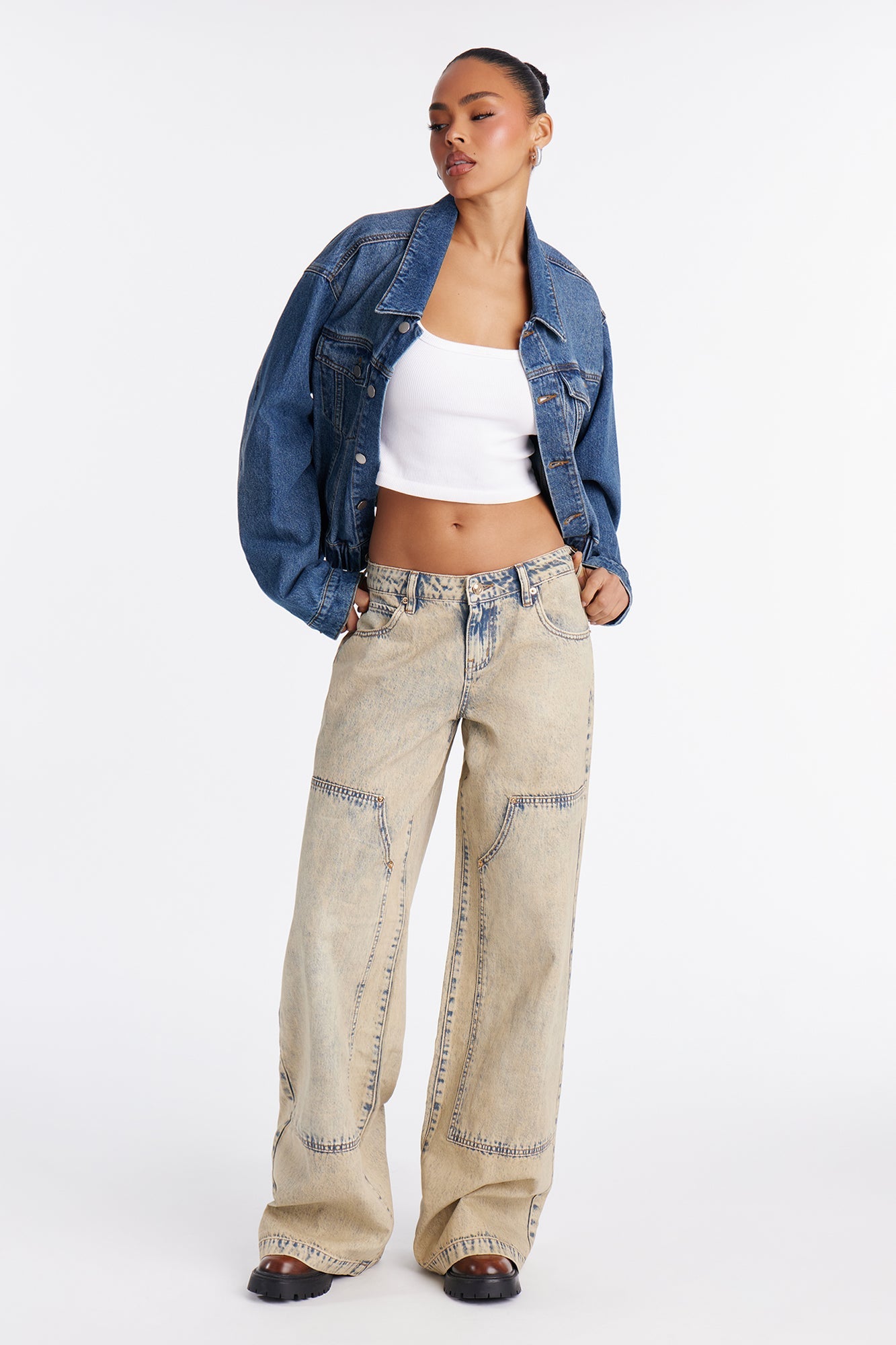 Classic Coated Low Rise Utility Jeans - Cream