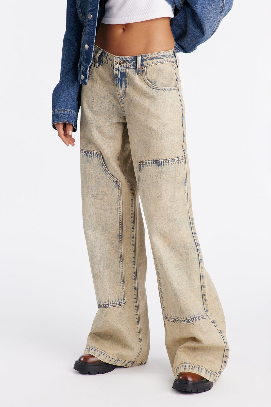 Classic Coated Low Rise Utility Jeans - Cream
