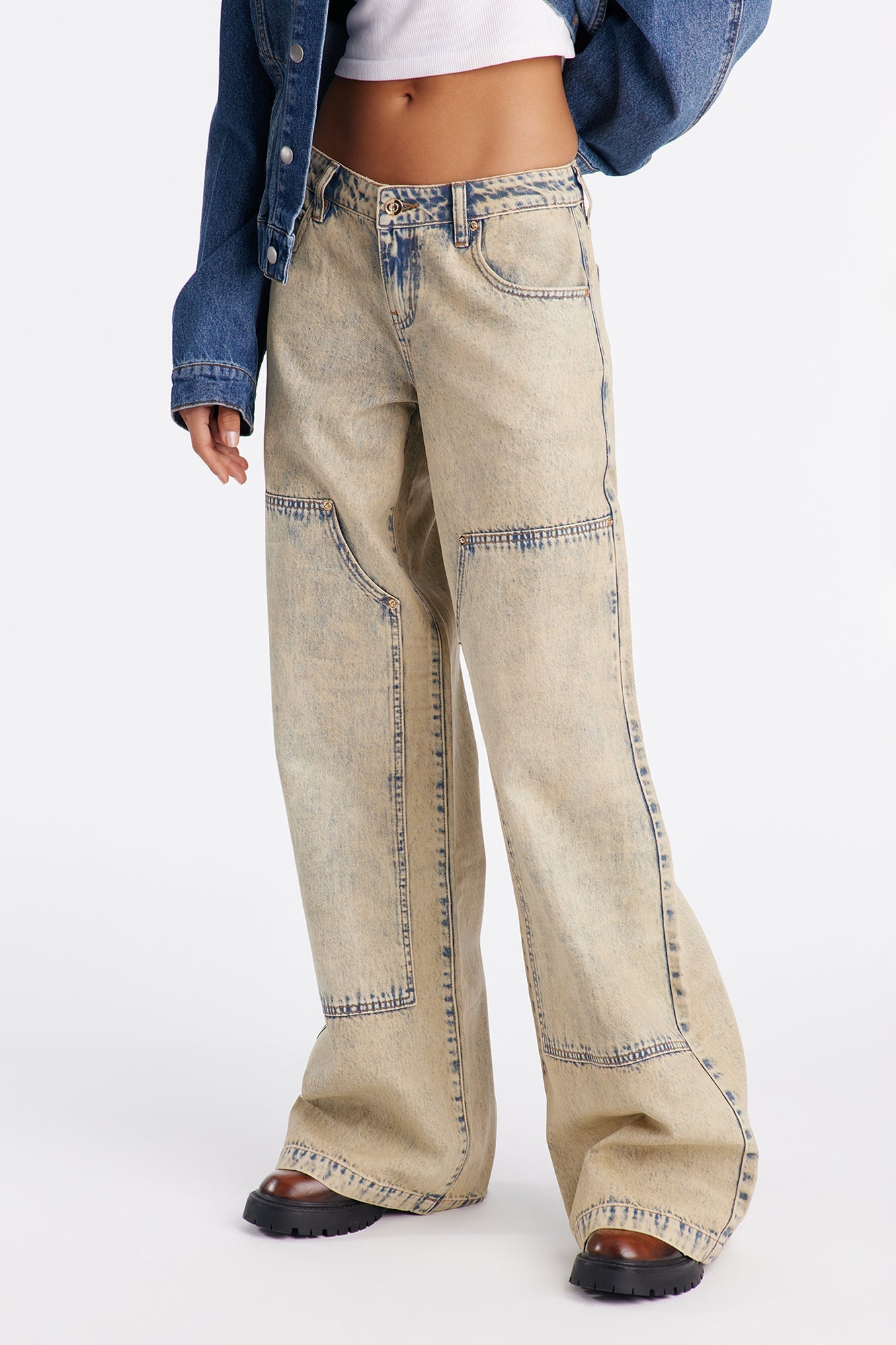 Classic Coated Low Rise Utility Jeans - Cream
