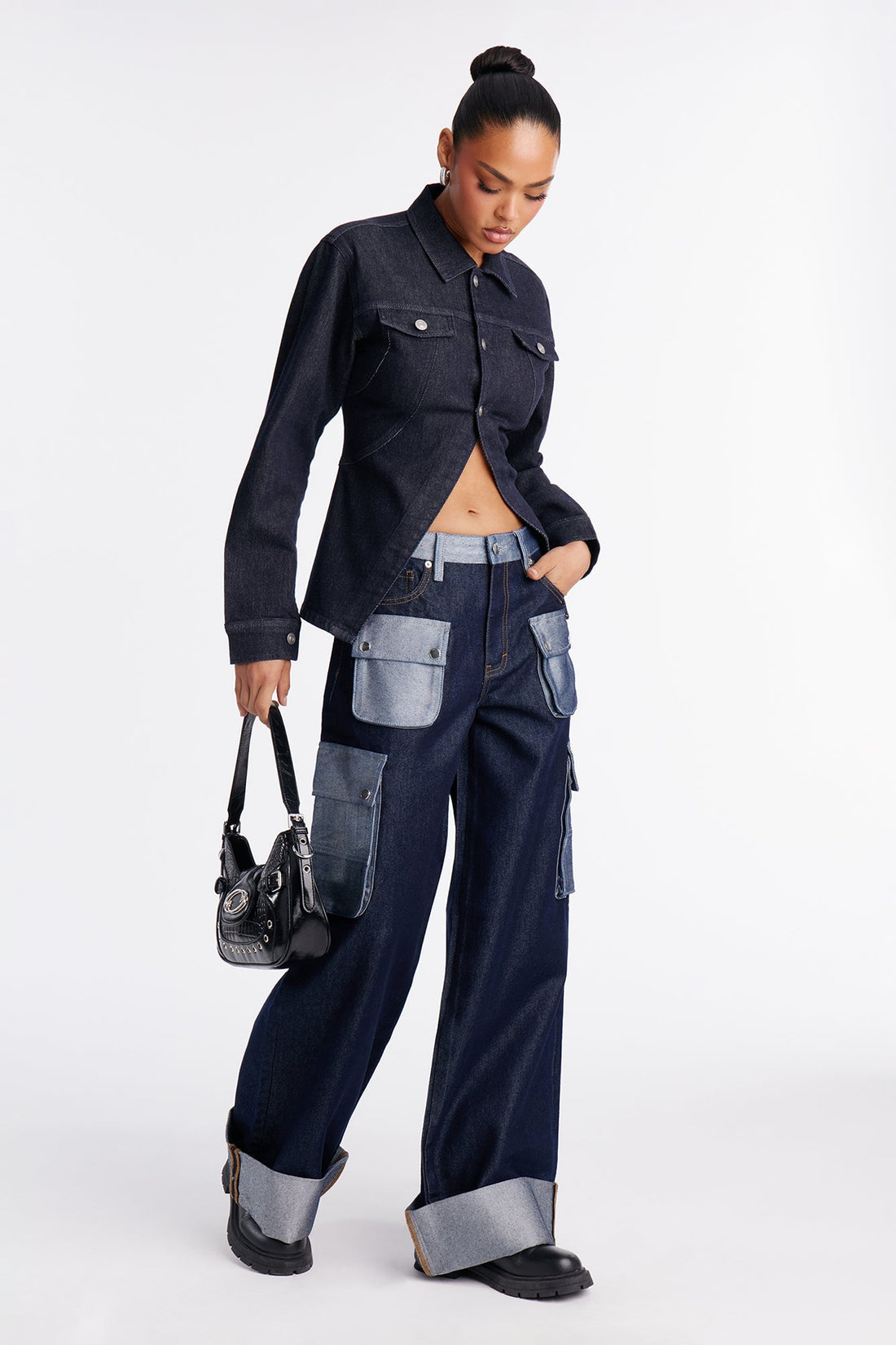 On My Grind Cuffed Cargo Jeans - Dark Wash
