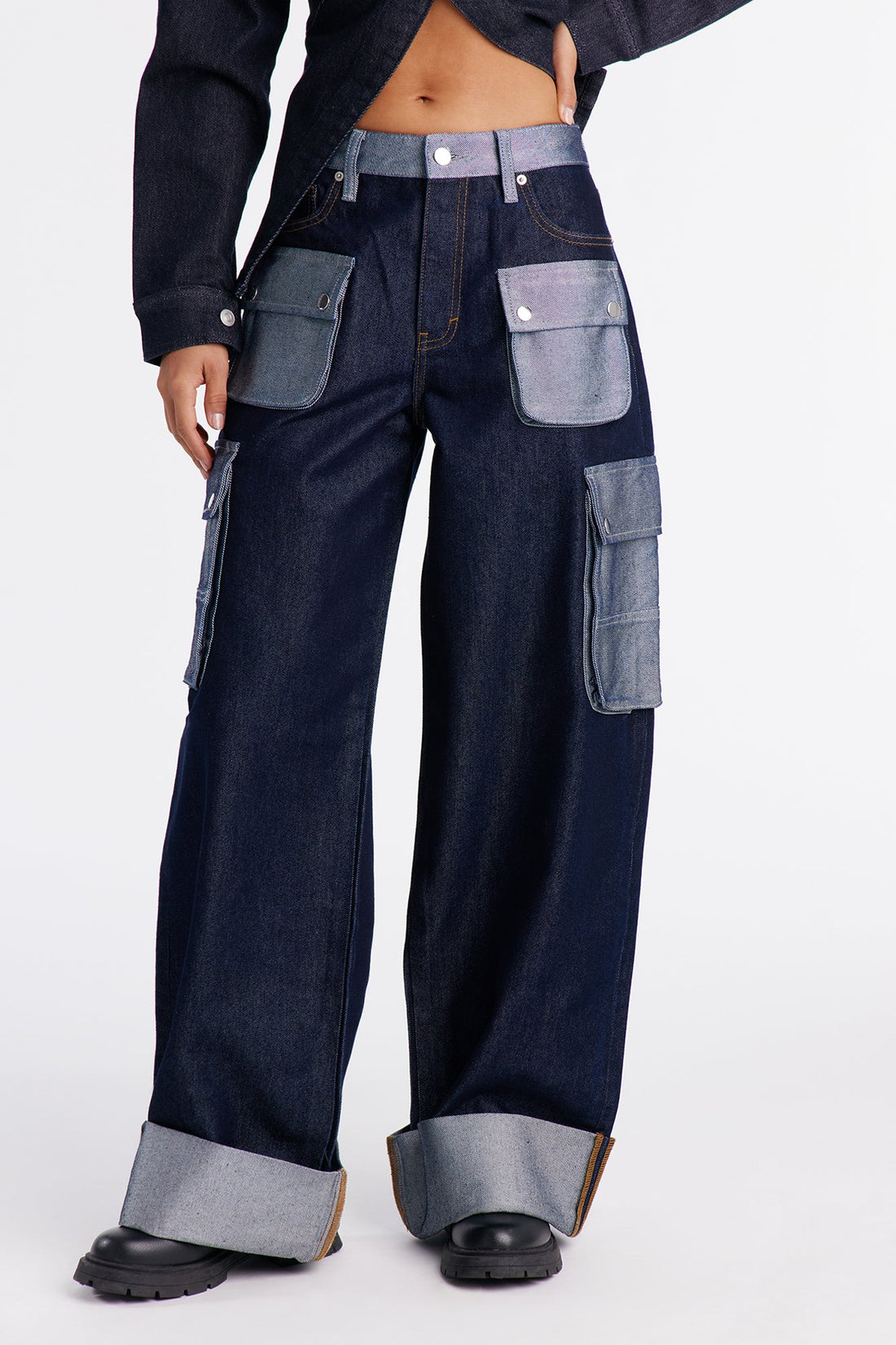On My Grind Cuffed Cargo Jeans - Dark Wash