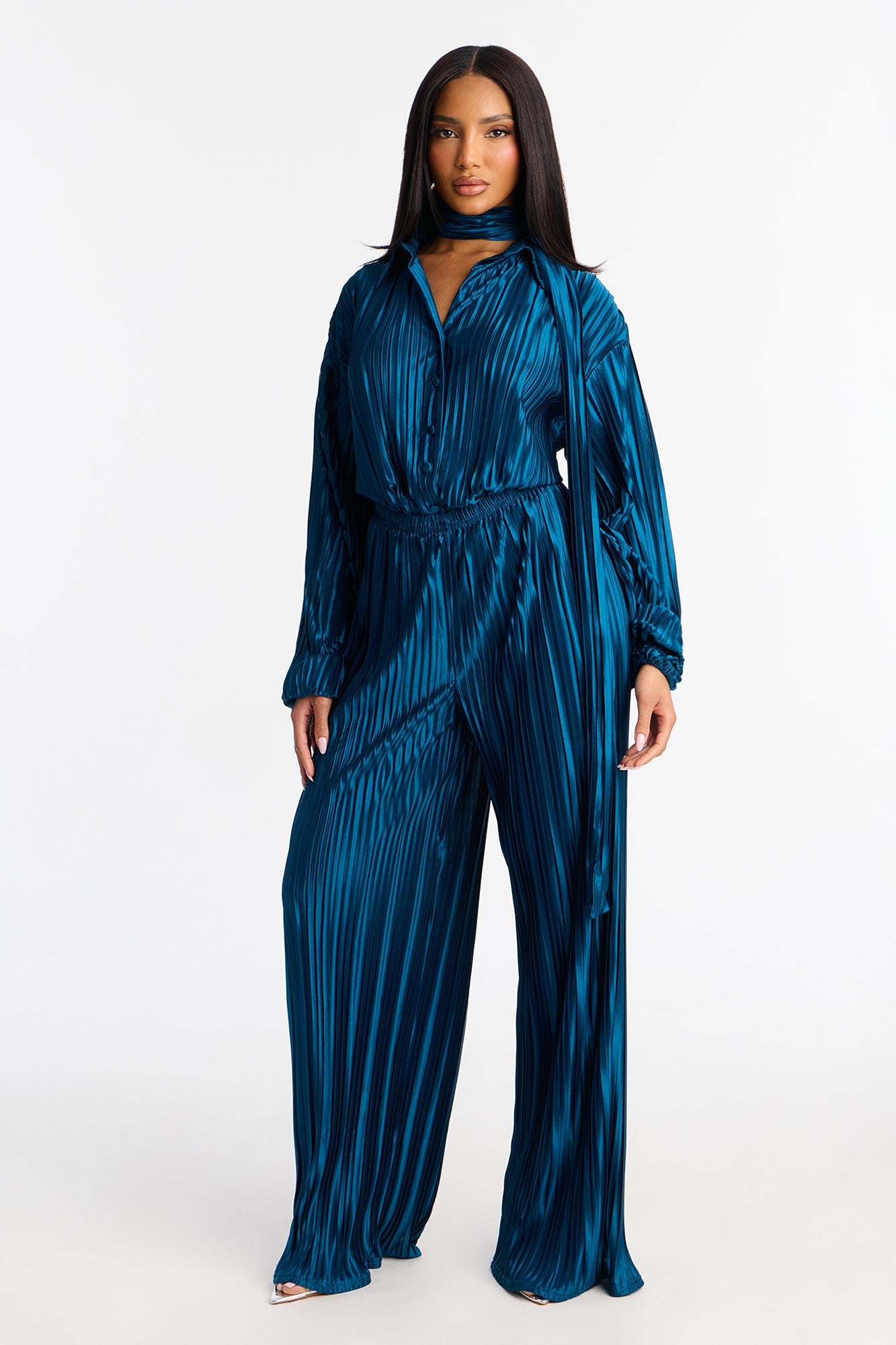 So Dramatic Satin Bodysuit 3 Piece Pant Set - Teal