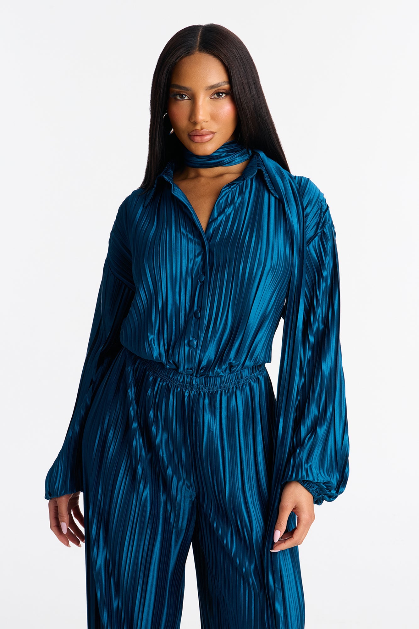 So Dramatic Satin Bodysuit 3 Piece Pant Set - Teal