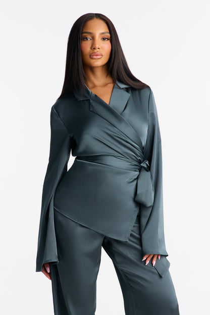 Margot Satin Wrap Shirt And Pant Set - Teal