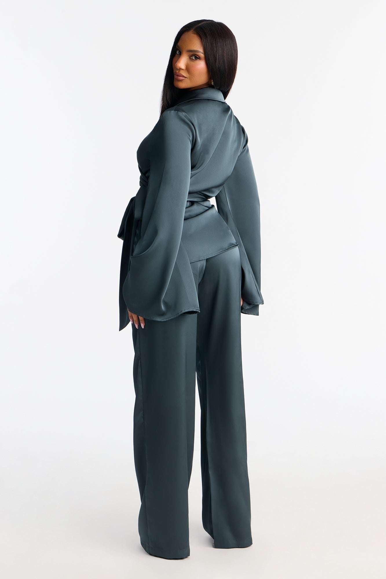 Margot Satin Wrap Shirt And Pant Set - Teal