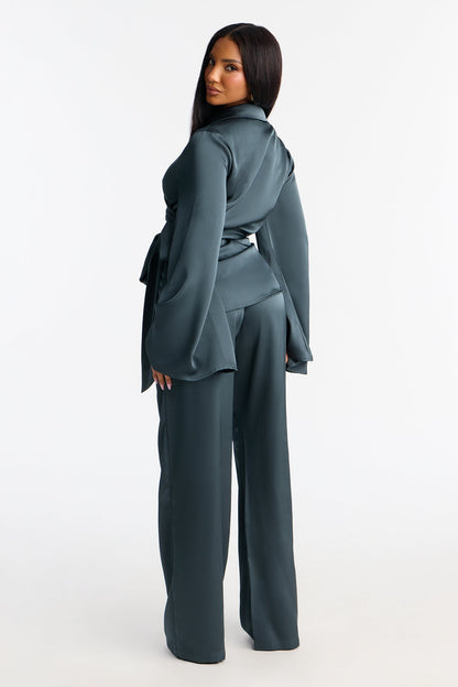 Margot Satin Wrap Shirt And Pant Set - Teal
