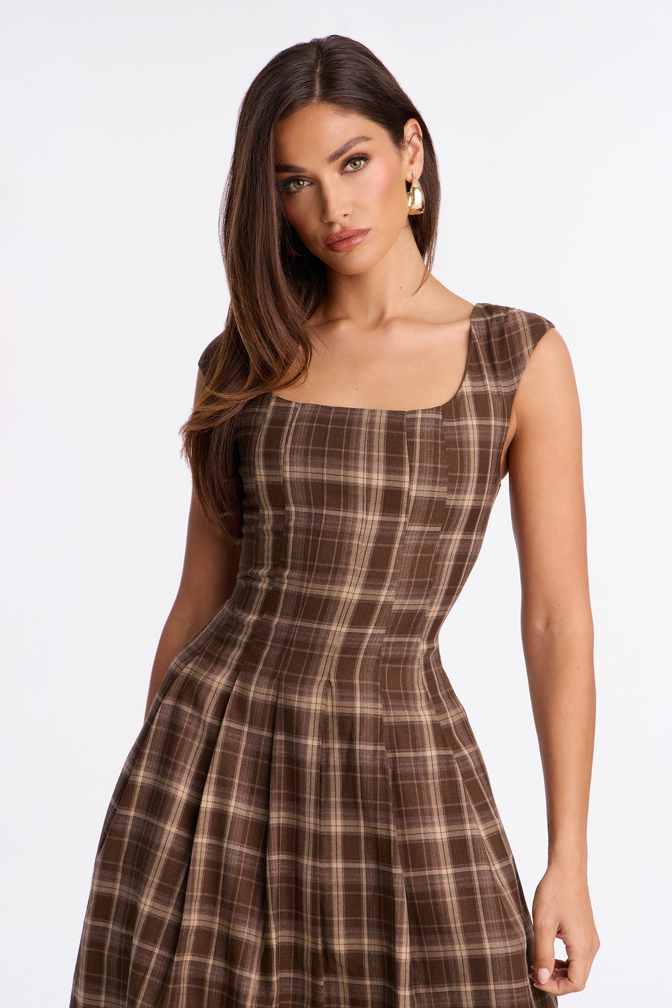 Clover Pleated Plaid Midi Dress - Brown/combo