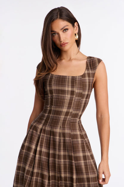 Clover Pleated Plaid Midi Dress - Brown/combo