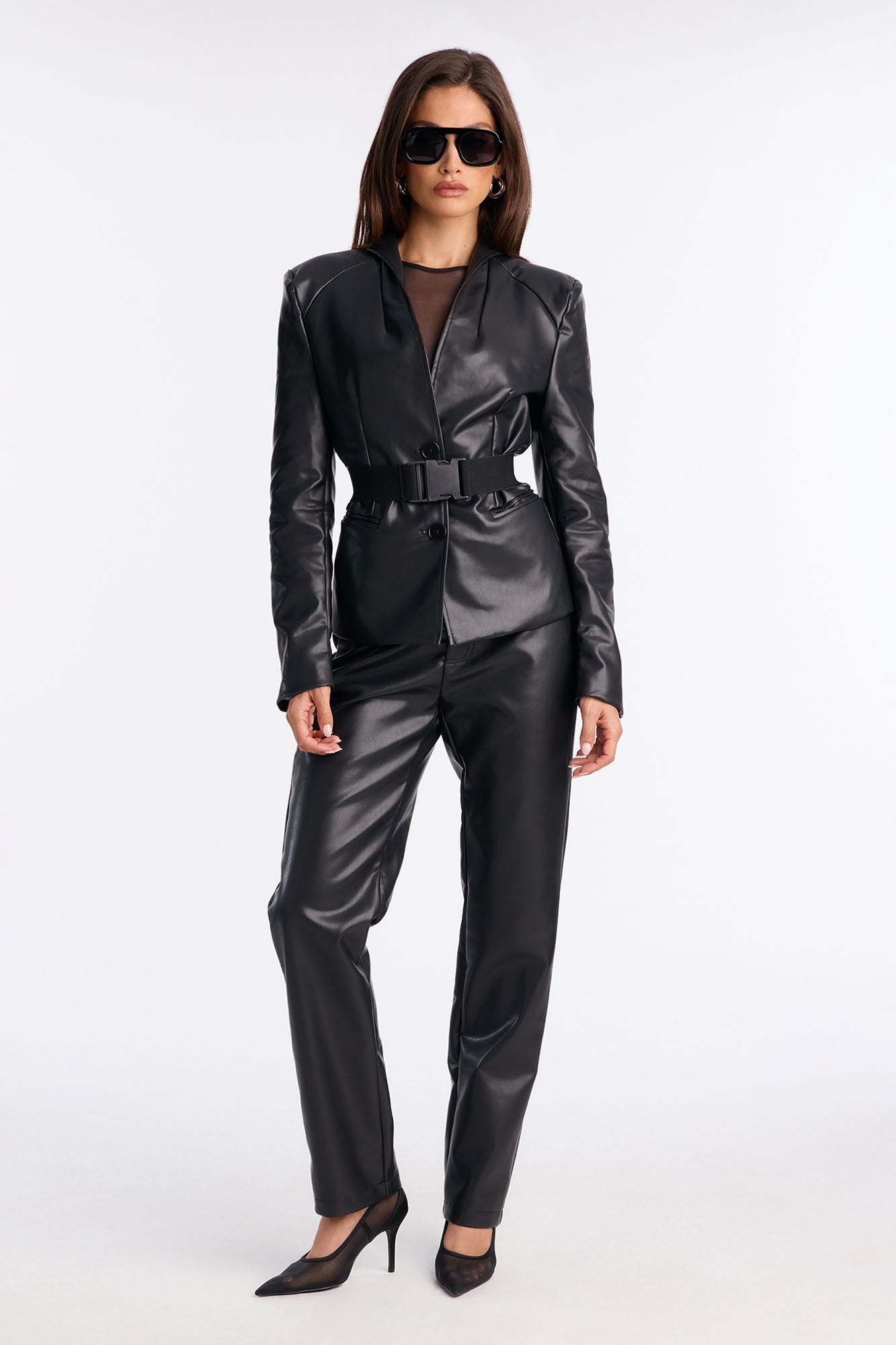 Dark Diva Faux Leather Blazer Pant Set - Black