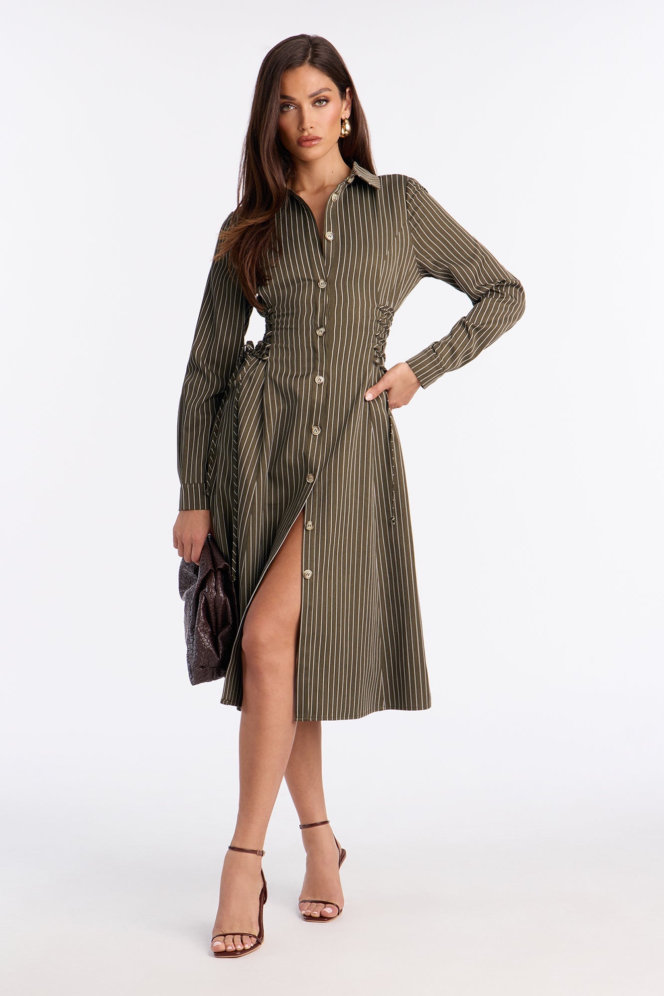 Veda Lace Up Pinstripe Midi Dress - Olive/combo