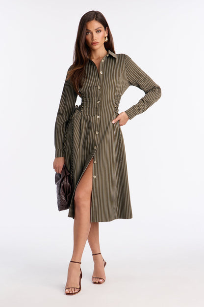 Veda Lace Up Pinstripe Midi Dress - Olive/combo