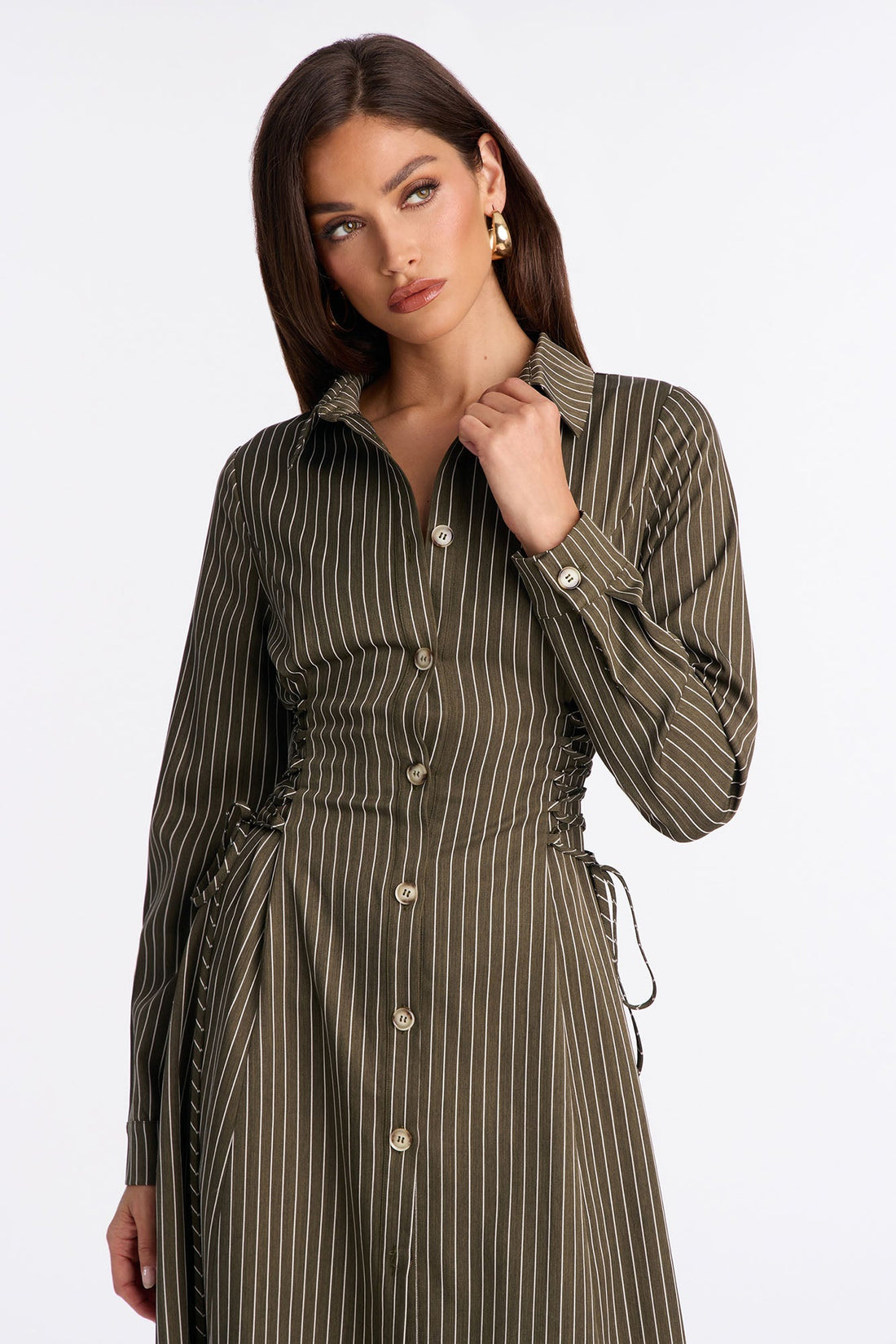 Veda Lace Up Pinstripe Midi Dress - Olive/combo