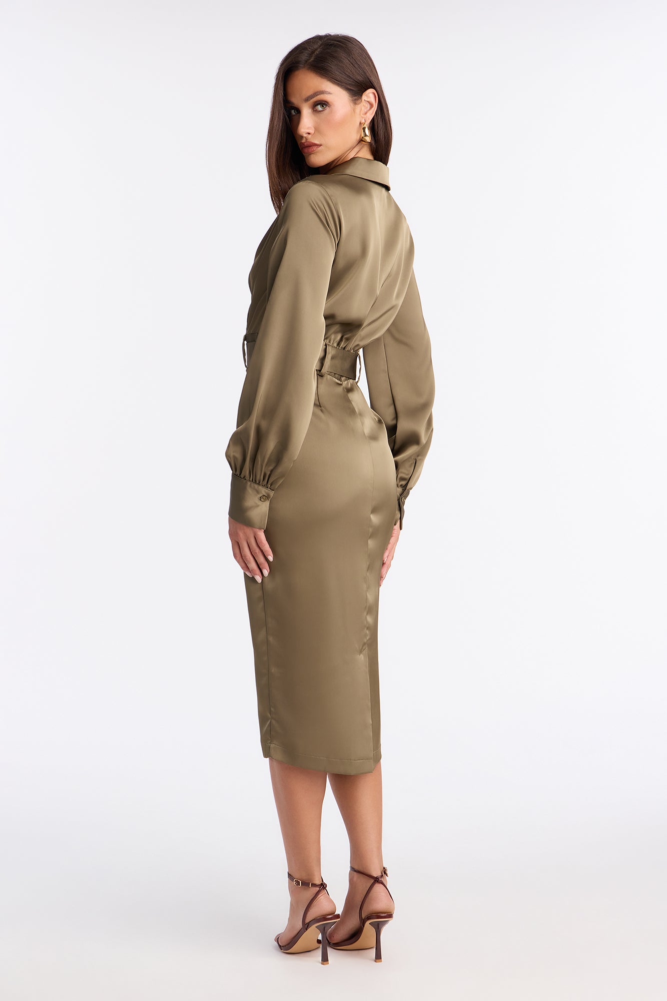 Braylynn Belted Satin Midi Dress - Sage