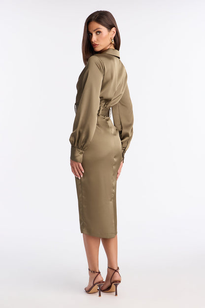 Braylynn Belted Satin Midi Dress - Sage