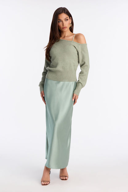 Warm Kiss Satin Sweater Maxi Dress Set - Sage