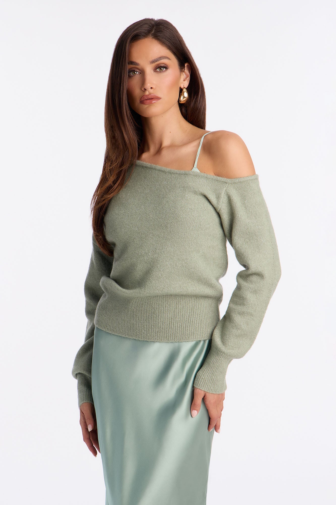Warm Kiss Satin Sweater Maxi Dress Set - Sage