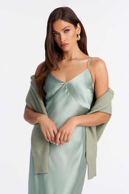 Warm Kiss Satin Sweater Maxi Dress Set - Sage