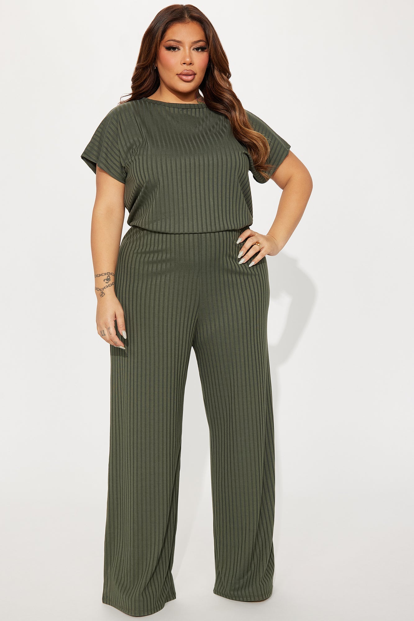 Too Little Too Late Ribbed Jumpsuit - Olive