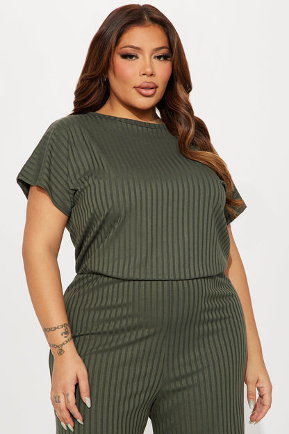 Too Little Too Late Ribbed Jumpsuit - Olive