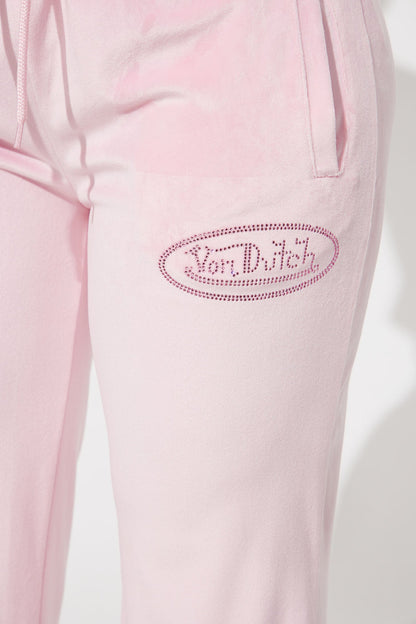 Von Dutch Velour Rhinestone Wide Leg Pant - Pink