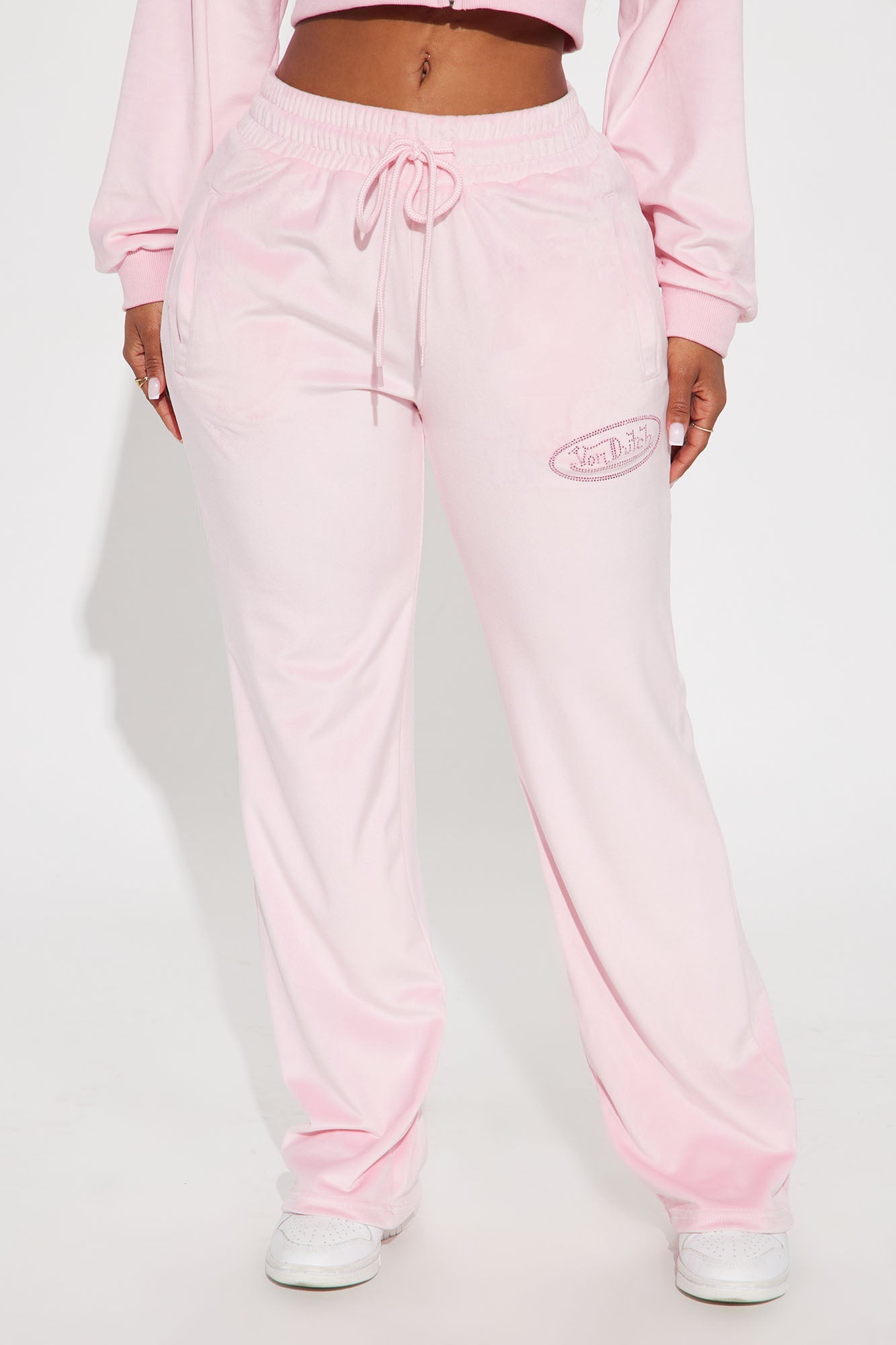 Von Dutch Velour Rhinestone Wide Leg Pant - Pink
