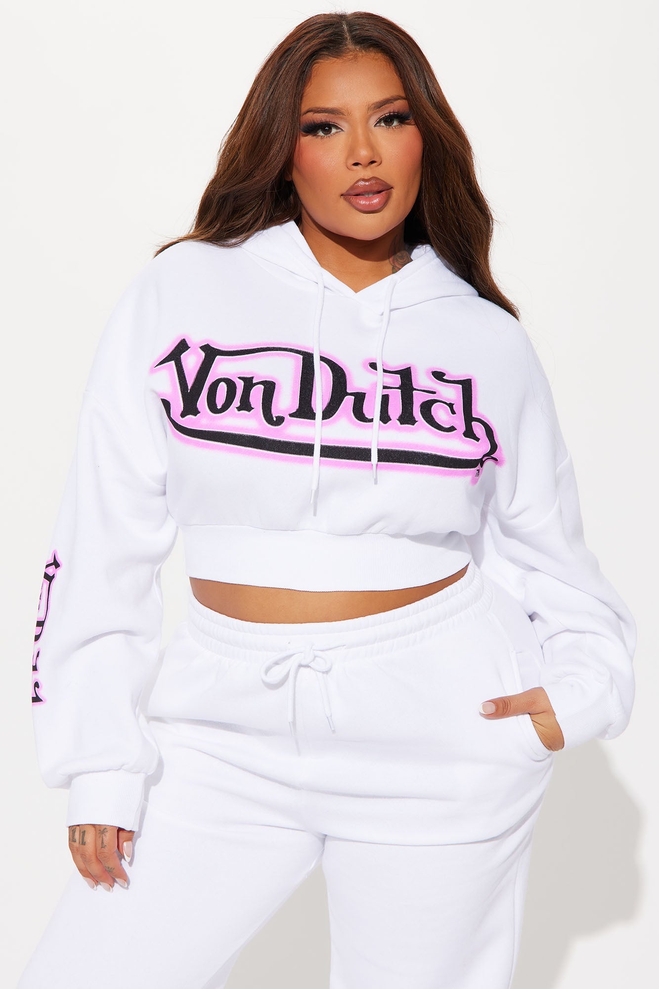 Von Dutch Graffiti Cropped Hoodie - White/Pink