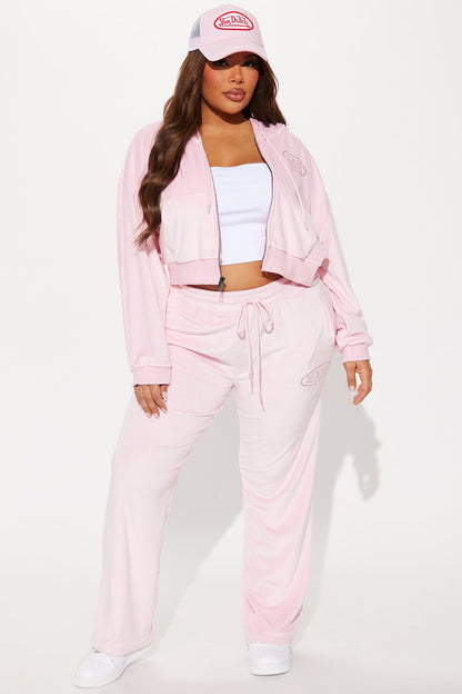 Von Dutch Velour Rhinestone Wide Leg Pant - Pink