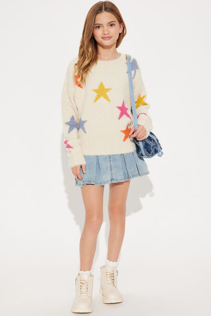 Mini Stare At the Stars Fuzzy Knit Sweater - Cream