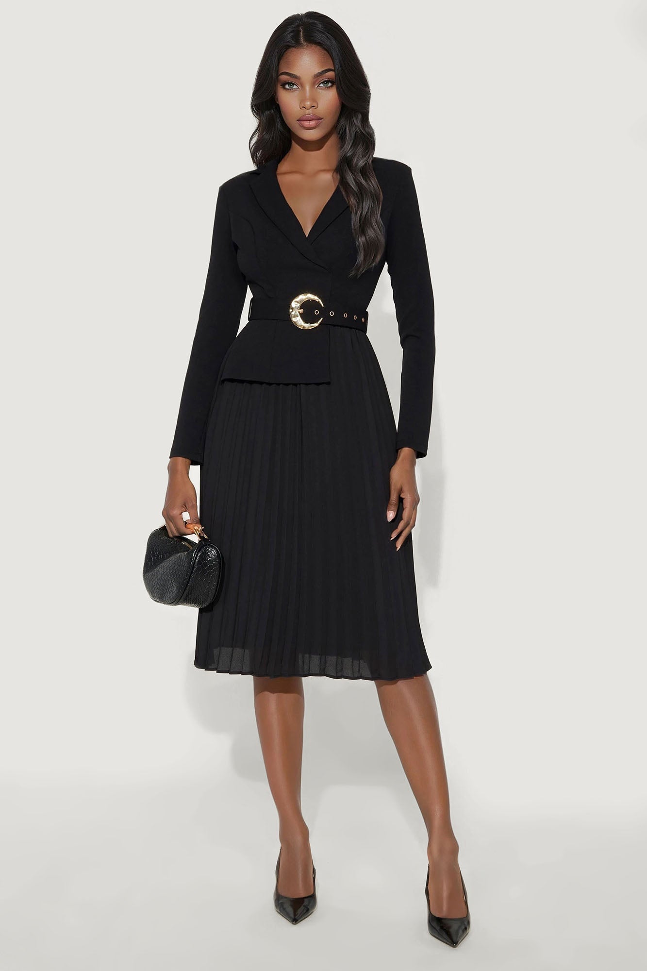 Valli Collar Pleated Midi Dress - Black