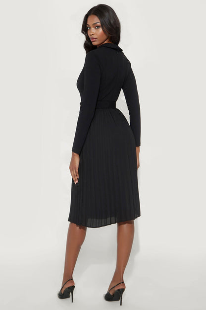 Valli Collar Pleated Midi Dress - Black