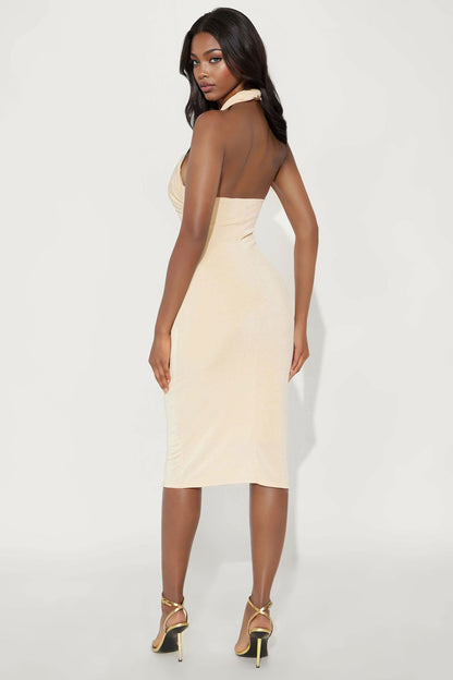 Carly Criss Cross Slinky Midi Dress - Oatmeal