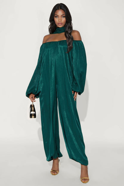 Satin Sips Balloon Wide Leg Jumpsuit - Hunter Green