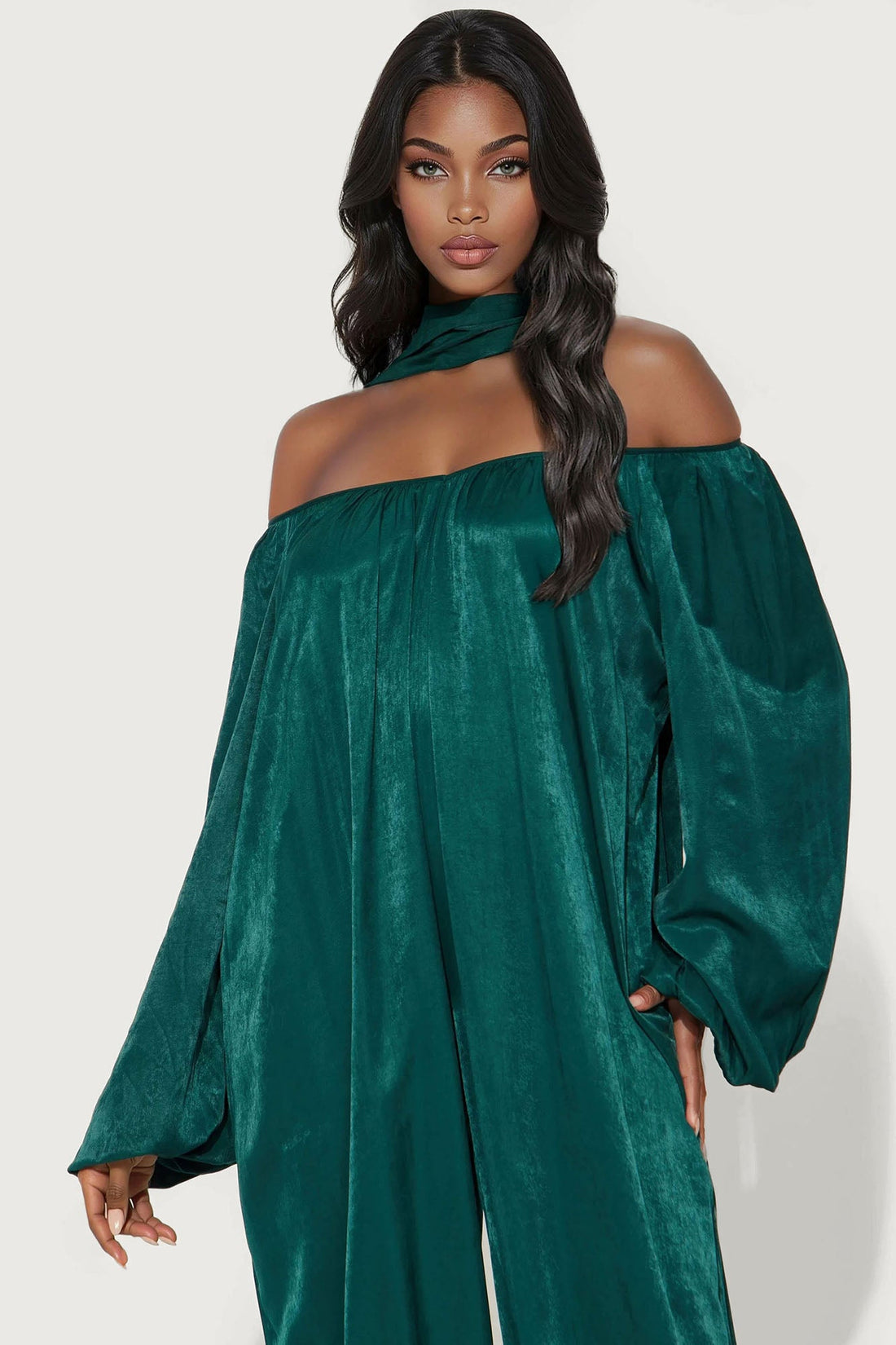 Satin Sips Balloon Wide Leg Jumpsuit - Hunter Green
