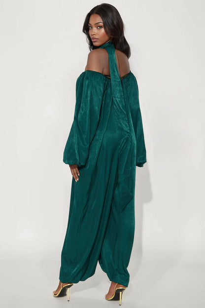 Satin Sips Balloon Wide Leg Jumpsuit - Hunter Green