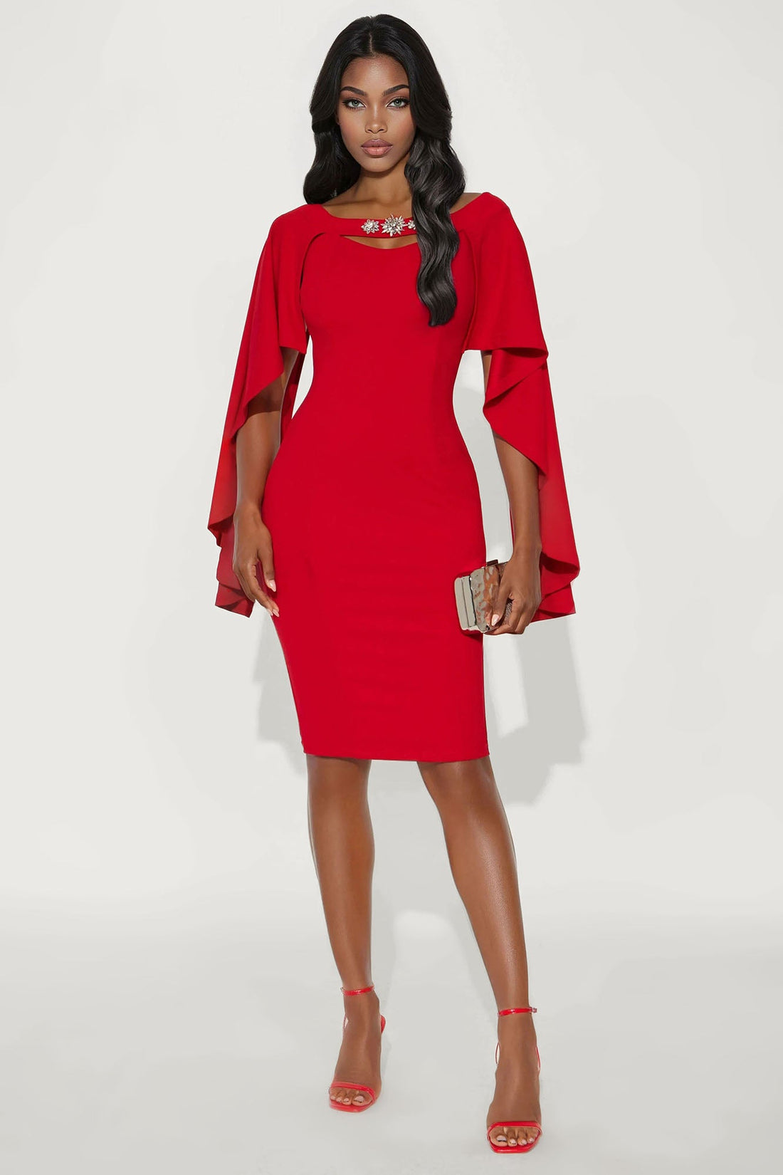 Madalyn Cape Crepe Knit Rhinestone Midi Dress - Red