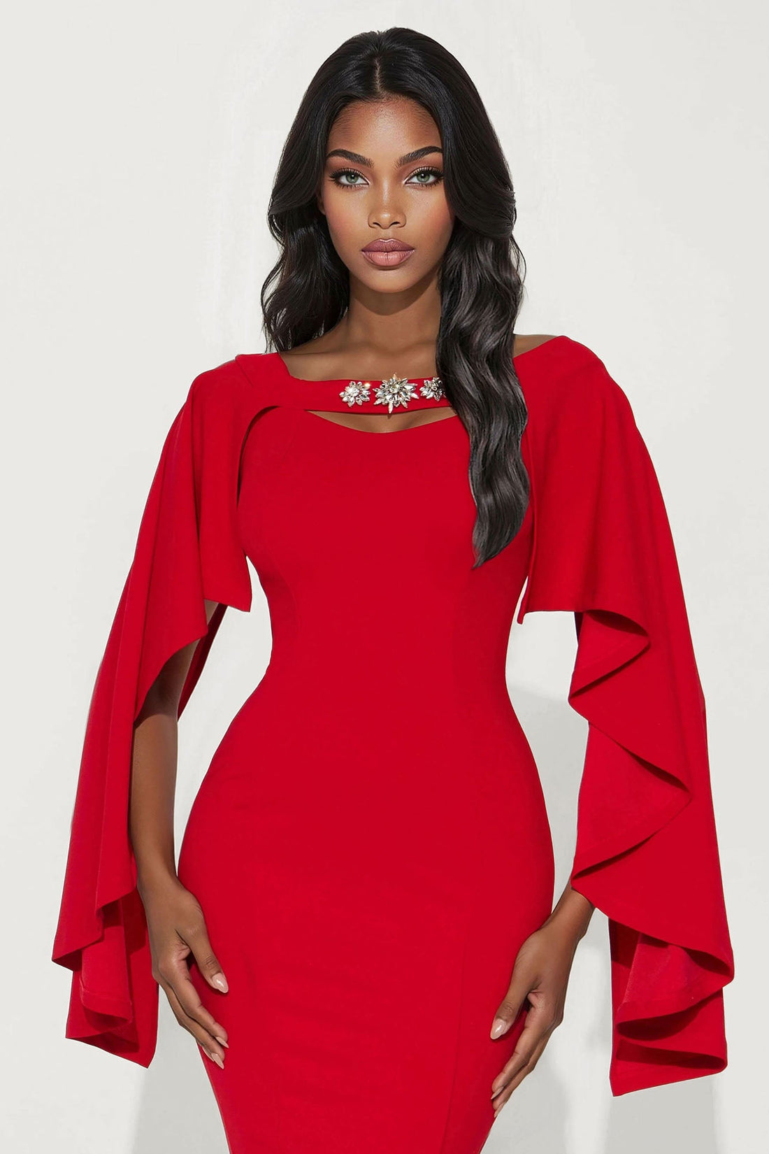 Madalyn Cape Crepe Knit Rhinestone Midi Dress - Red
