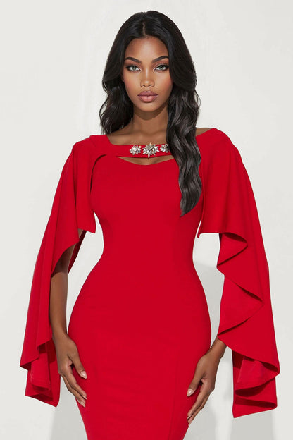 Madalyn Cape Crepe Knit Rhinestone Midi Dress - Red
