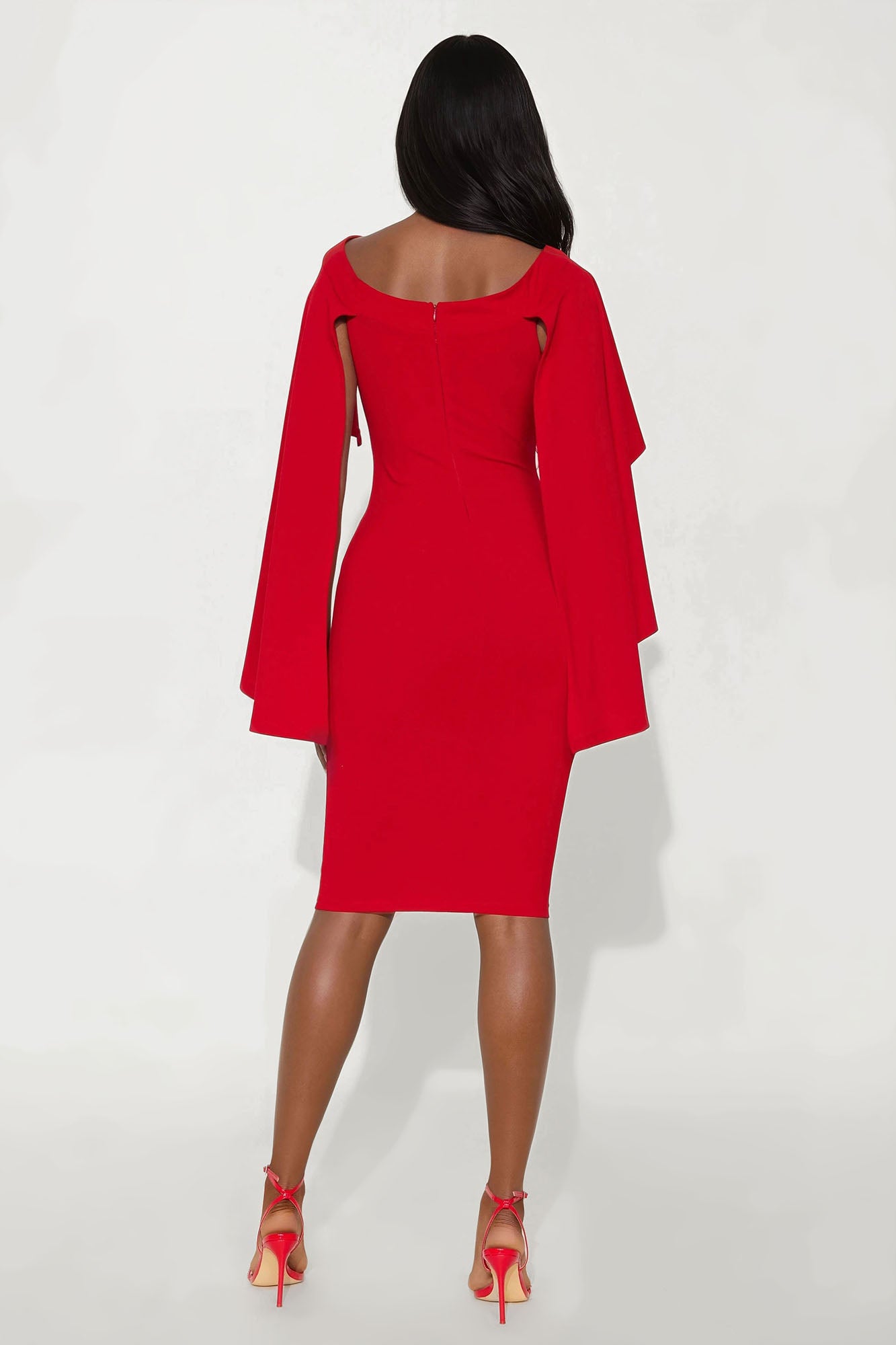 Madalyn Cape Crepe Knit Rhinestone Midi Dress - Red