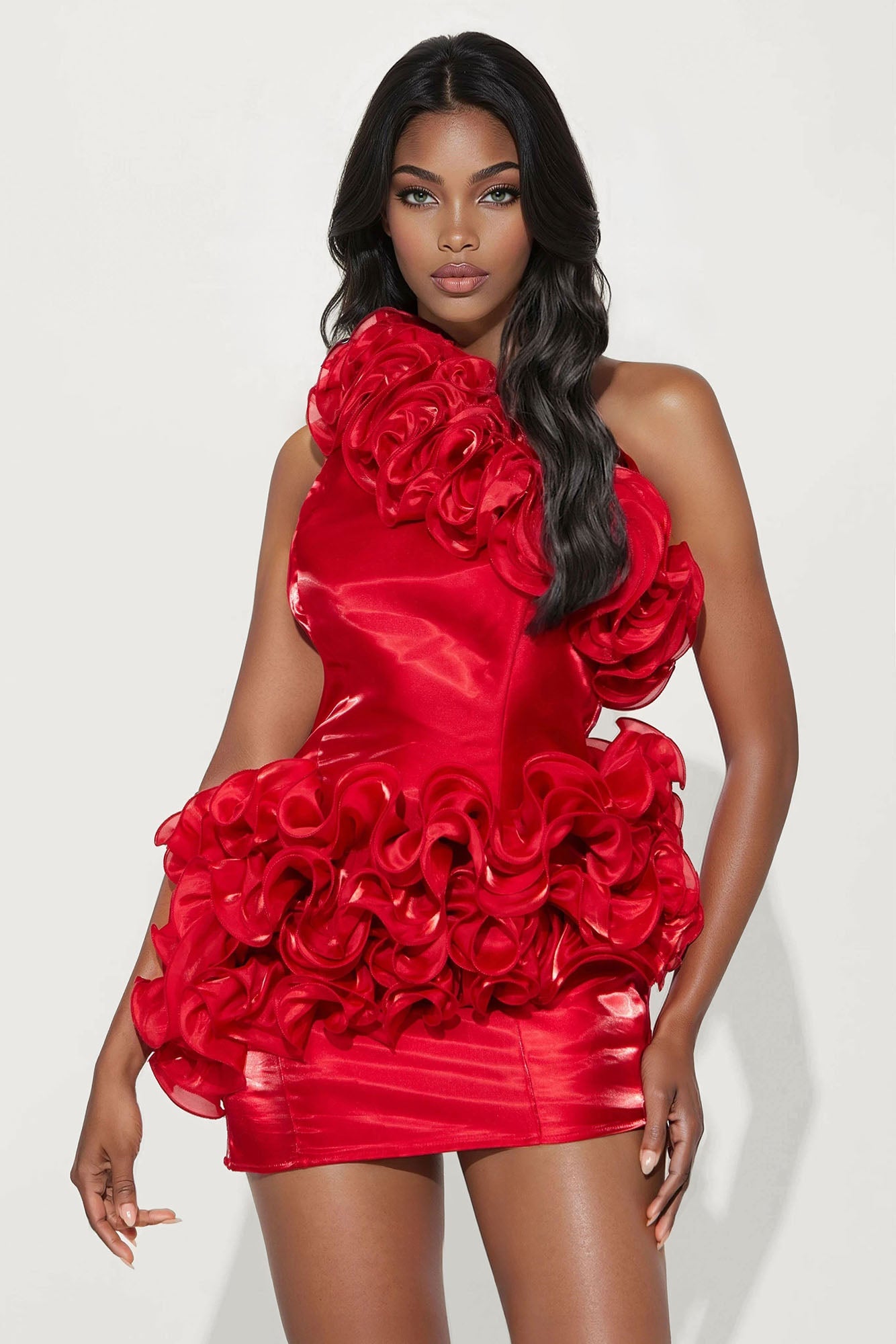 Red Carpet Ready Ruffle Satin Mini Dress - Red