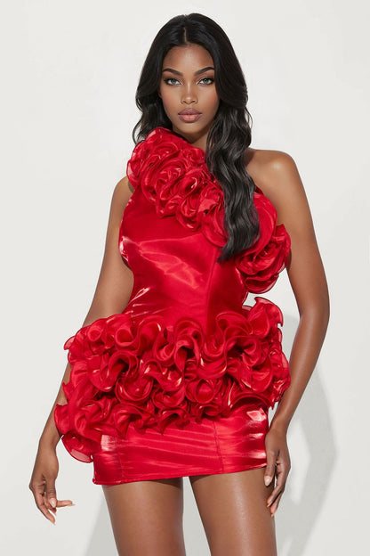 Red Carpet Ready Ruffle Satin Mini Dress - Red