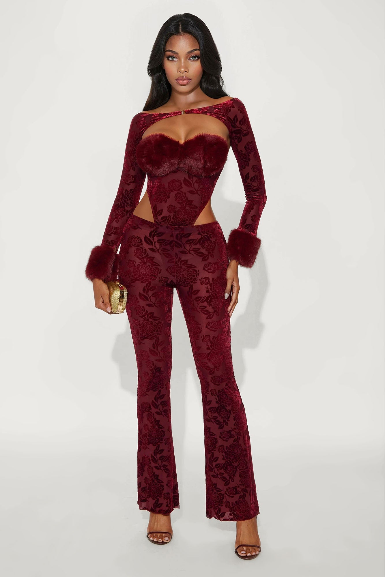 Demi 3 Piece Faux Fur Trim Pant Set - Burgundy
