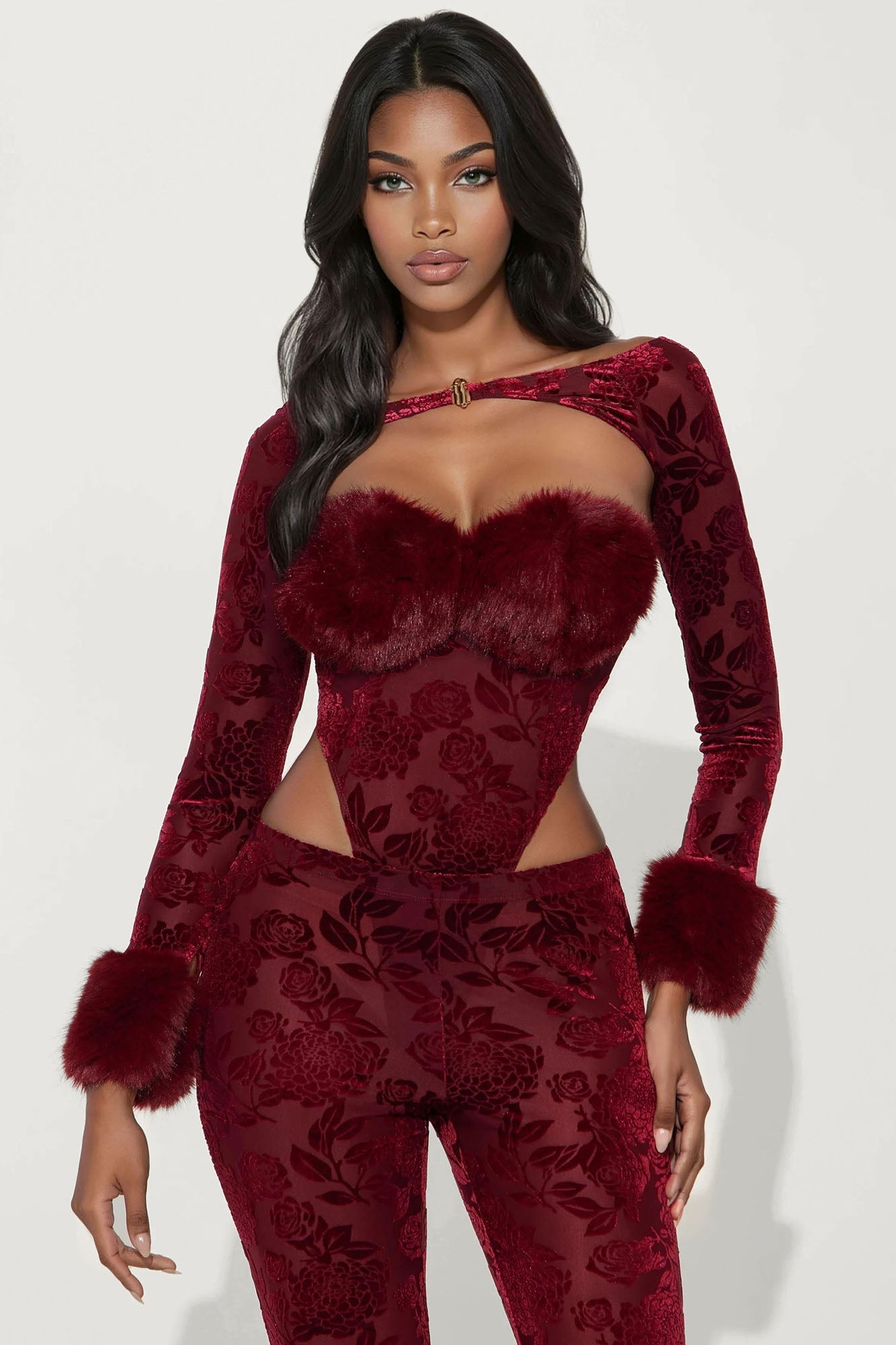 Demi 3 Piece Faux Fur Trim Pant Set - Burgundy