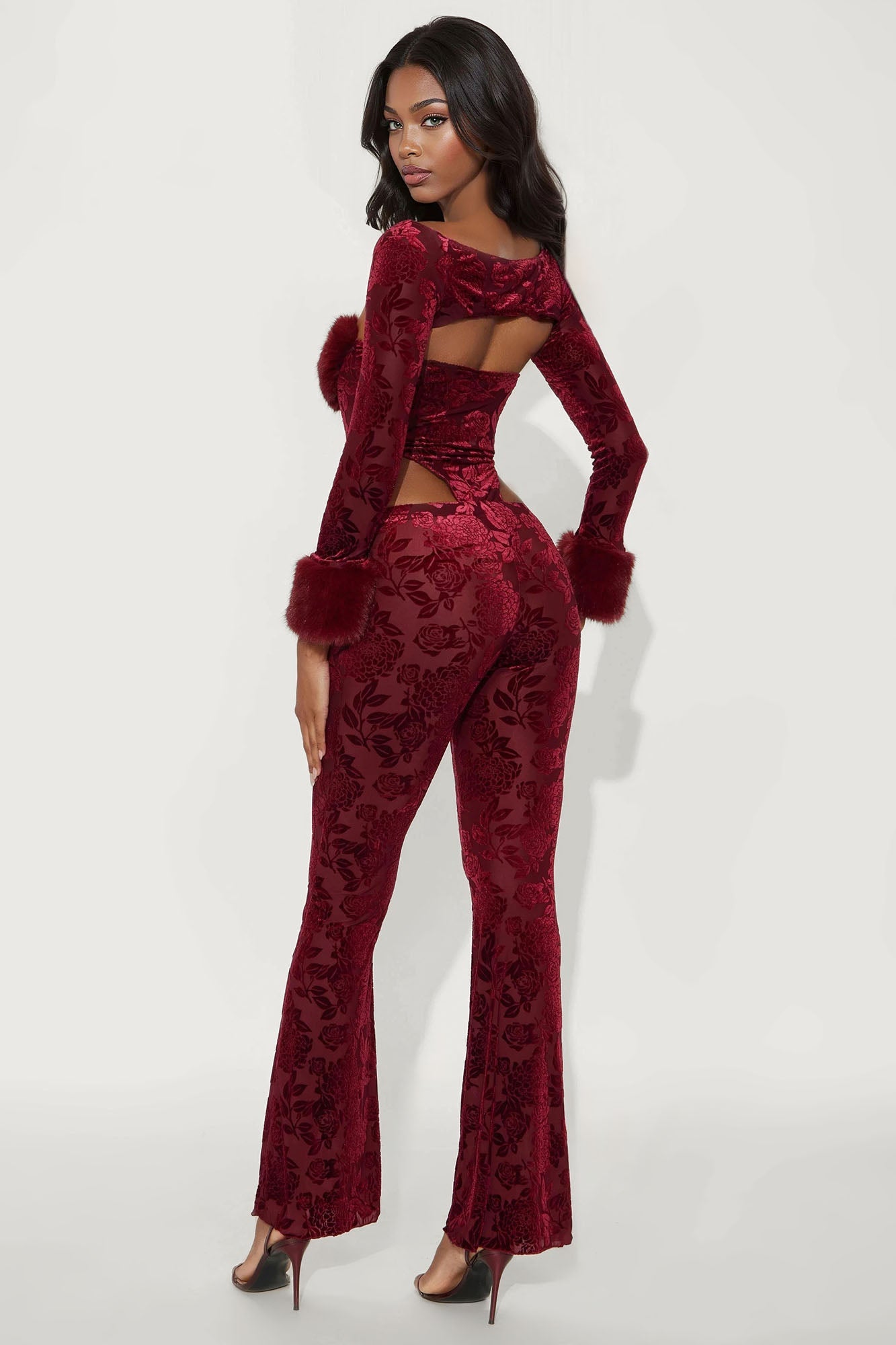 Demi 3 Piece Faux Fur Trim Pant Set - Burgundy