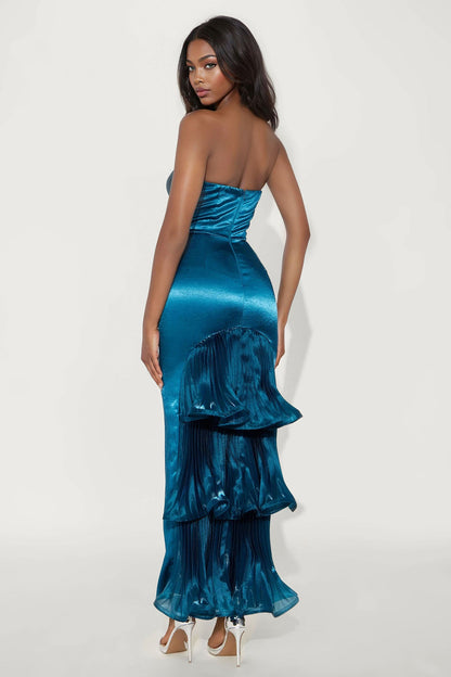 Anastasia Ruffle Satin Gown - Blue
