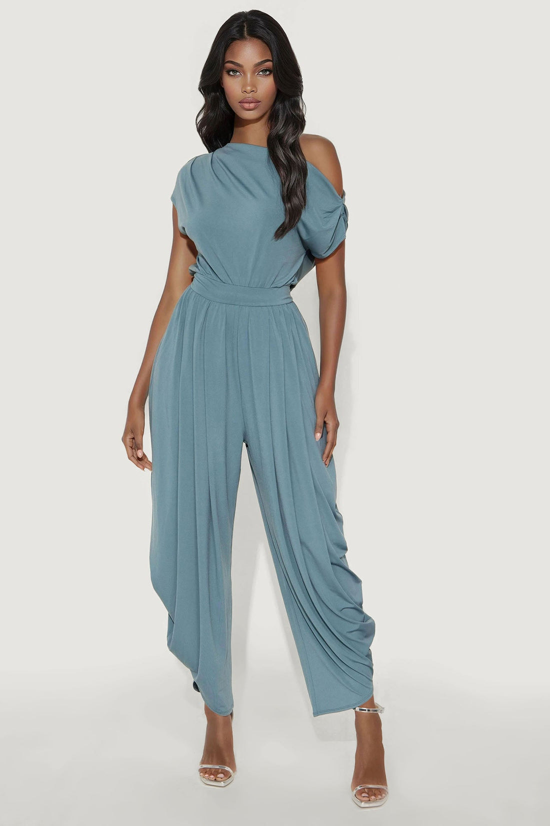 Belina Balloon Leg Off Shoulder Jumpsuit - Slate Blue