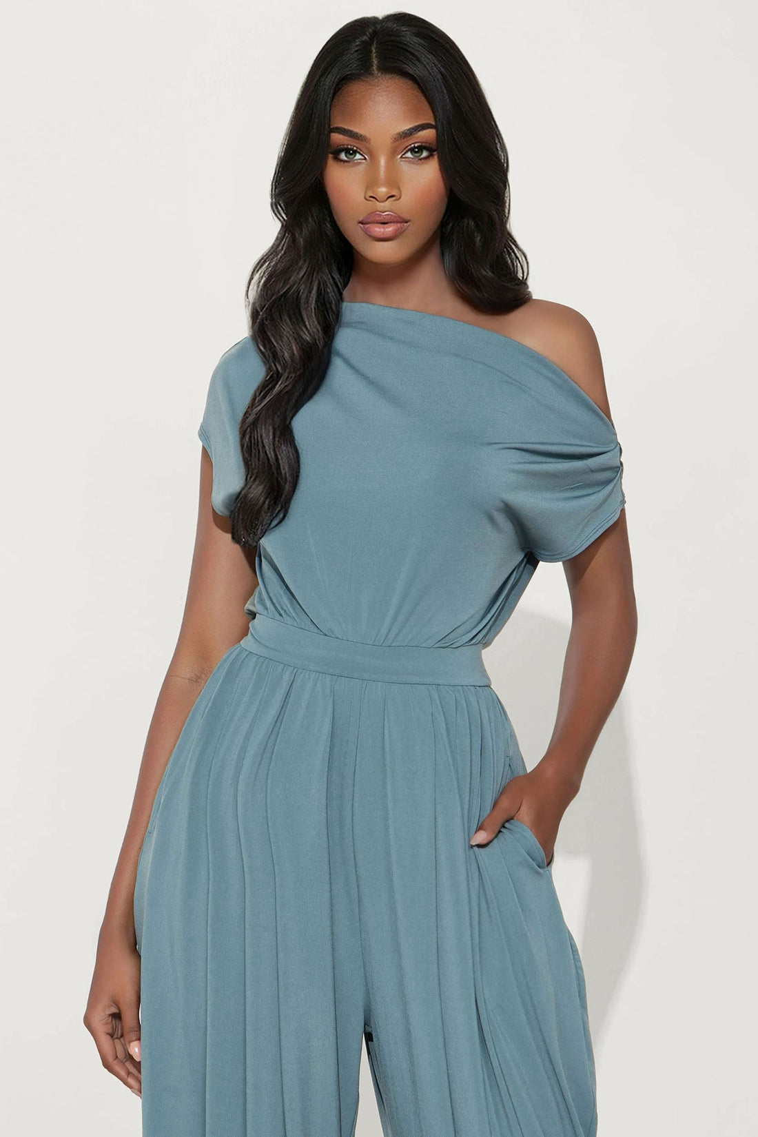 Belina Balloon Leg Off Shoulder Jumpsuit - Slate Blue