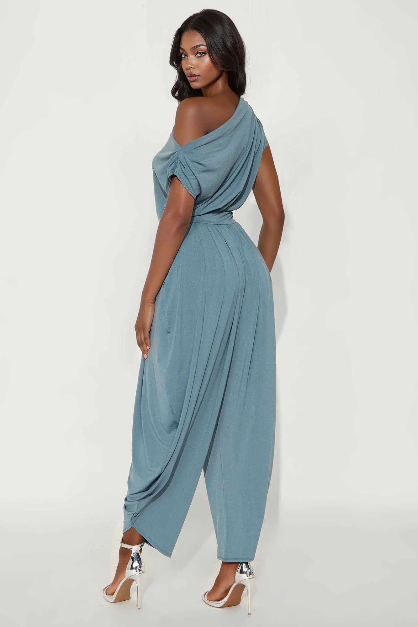 Belina Balloon Leg Off Shoulder Jumpsuit - Slate Blue